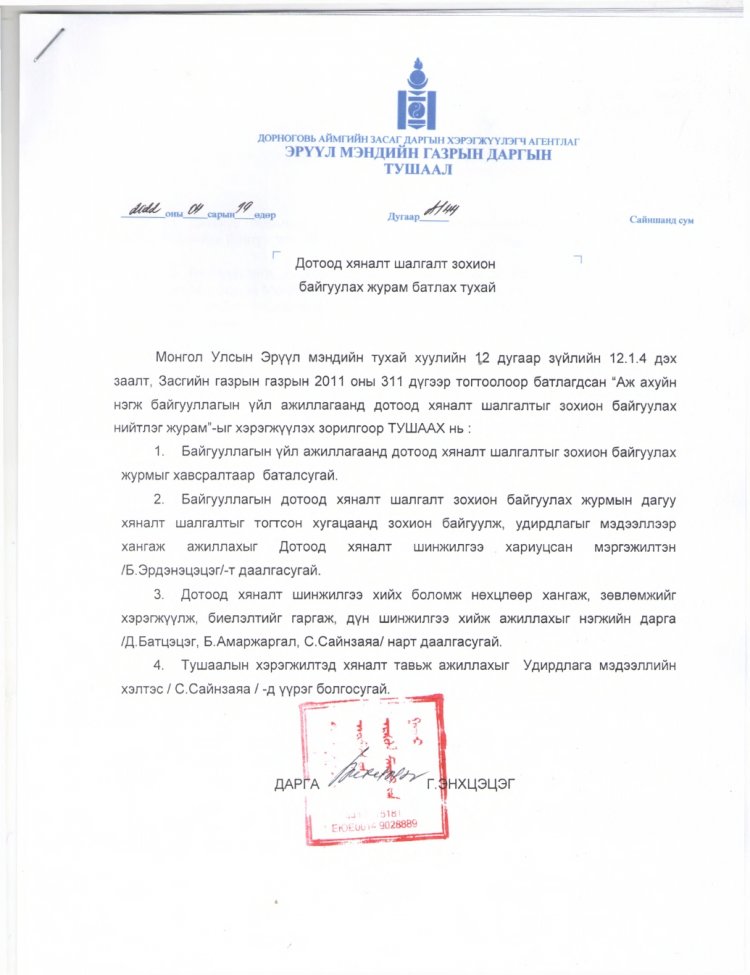 Дотоод хяналт шалгалт зохион байгуулах журам батлах тухай